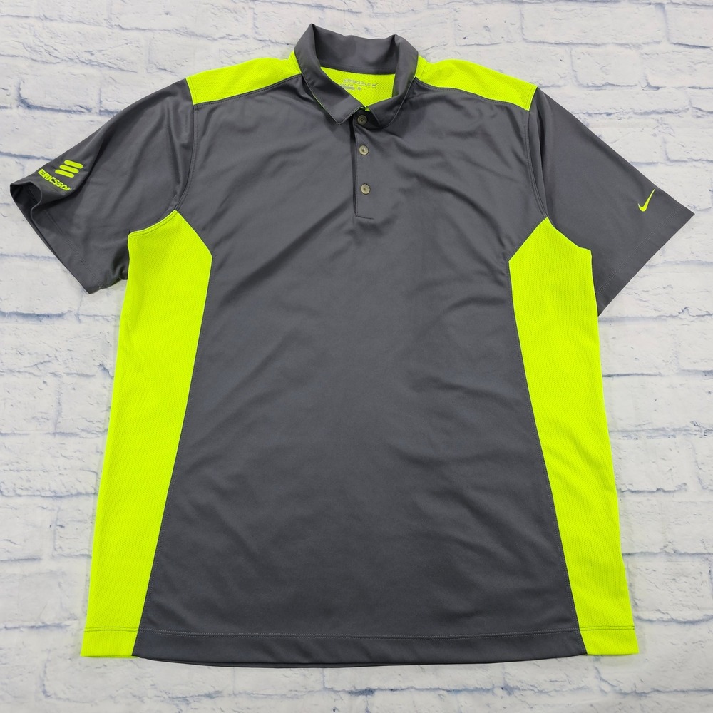 Nike Golf Polo MENS XL Grey Neon Yellow Dri-FIT Colorblock Ericsson 632418-021